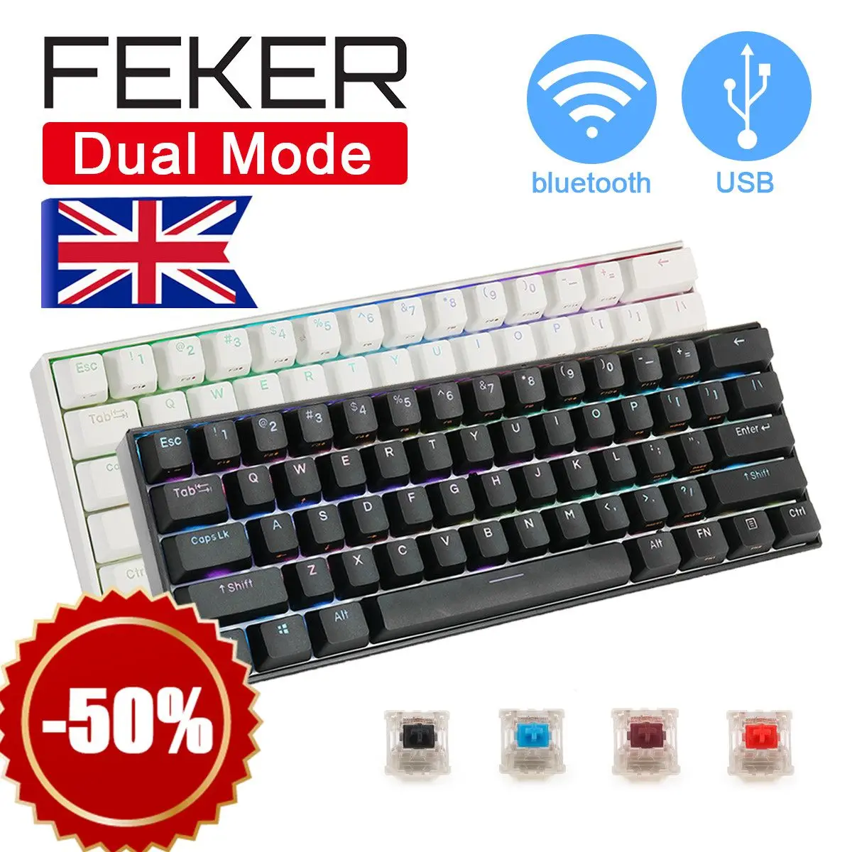 

Механическая клавиатура Feker, 61 клавиша, два режима, bluetooth, RGB подсветка, Type-C, проводная игровая клавиатура, клавиатура Gateron Switch