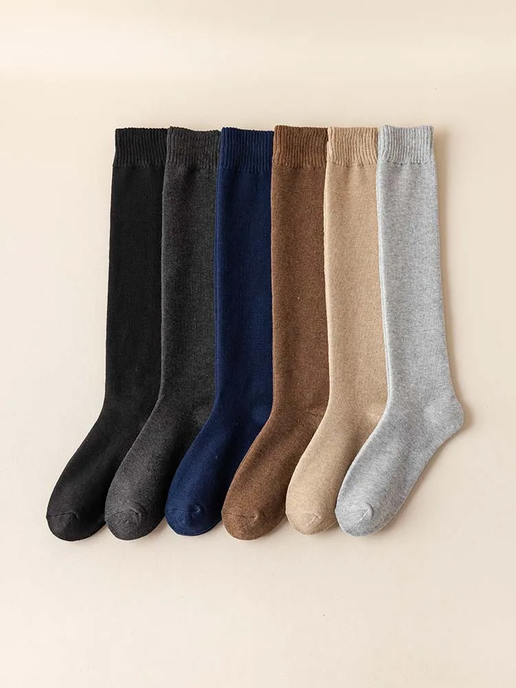 Men's Thick Knee Length Socks In Winter Warm Cotton Casual Black Long Socks 3 Pair