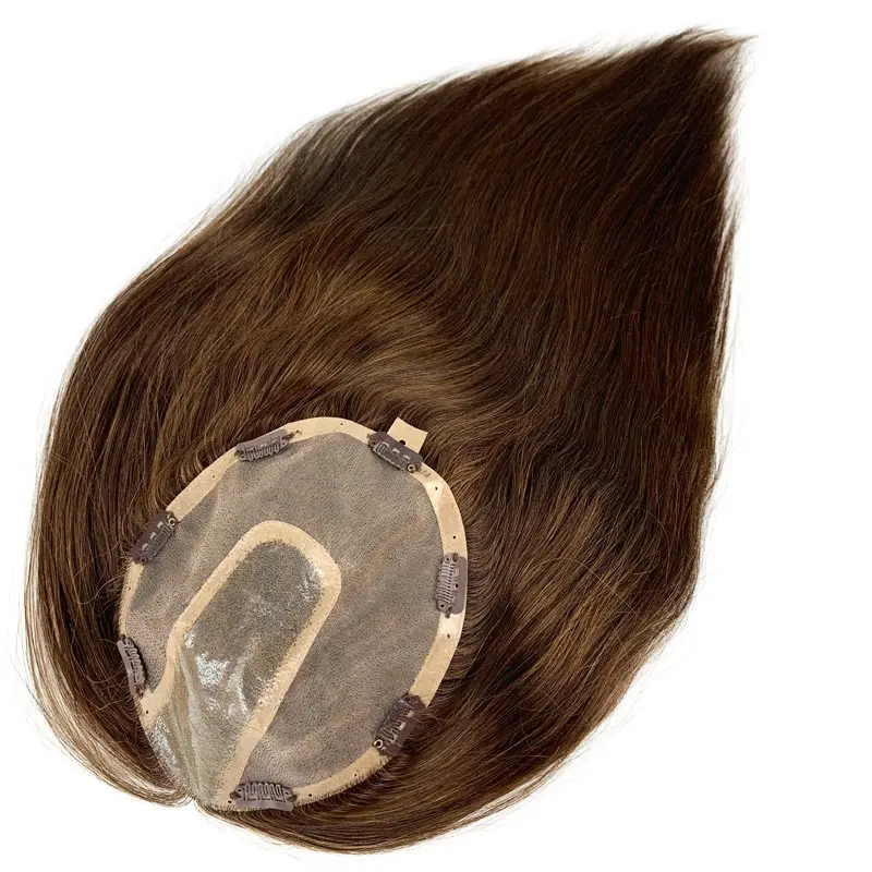 6x6 Toupee Hair For Women Hair Topper Human Hair Clip With PU Mono Base Ins Brown Color 130% Volume Extension