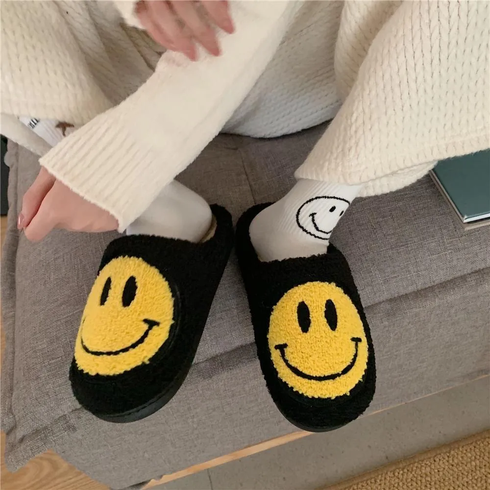 

House Slippers Winter Soft Fuzzy Slippers For Women Smile Face Pattern Faux Fur Slides Slippers Female Slip On Hairy Home Shoes