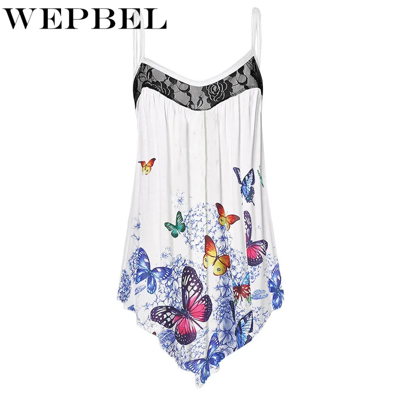

WEPBEL Women Casual Loose Sling T-shirt Sleeveless Halter Mesh Patchwork Print Irregular Hem Top