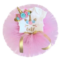 toddler baby girls clothes sets 3pcs cartoon unicorn white romper tops pink lace tutu skirtsheadband