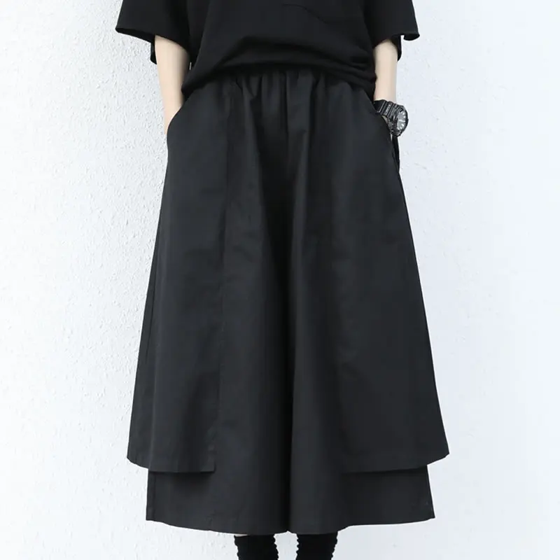 XITAO Pleated Pants Fashion New Women Pocket Goddess Fan Casual Elastic Waist 2021 Summer Black Irregular Loose Pants WLD6171