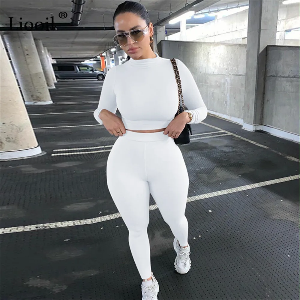 

Liooil Two Piece Tight Set Outfits Tracksuit Women T Shirt Tops And Legging Pants Long Sleeve Sexy Jogger Bodycon Suit Sets