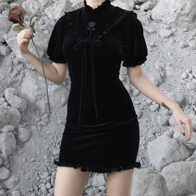 Женское бархатное платье-Ципао Ruibbit черное приталенное платье в винтажном