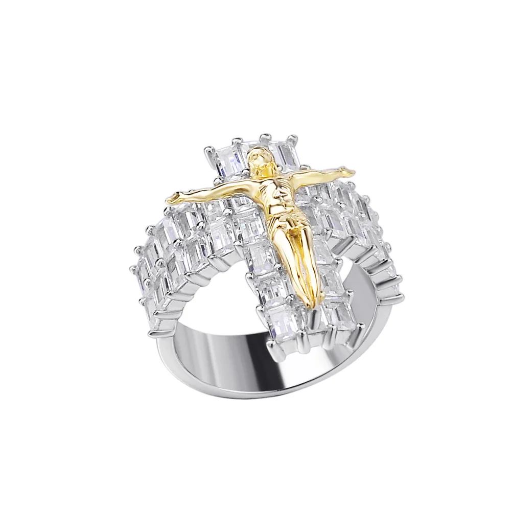 

OTIY S925 Religious Belief Jesus Cross Ring Gold And Iced out Men's Index Finger Ring Creative Retro Jewelry Baguette Cz Ring