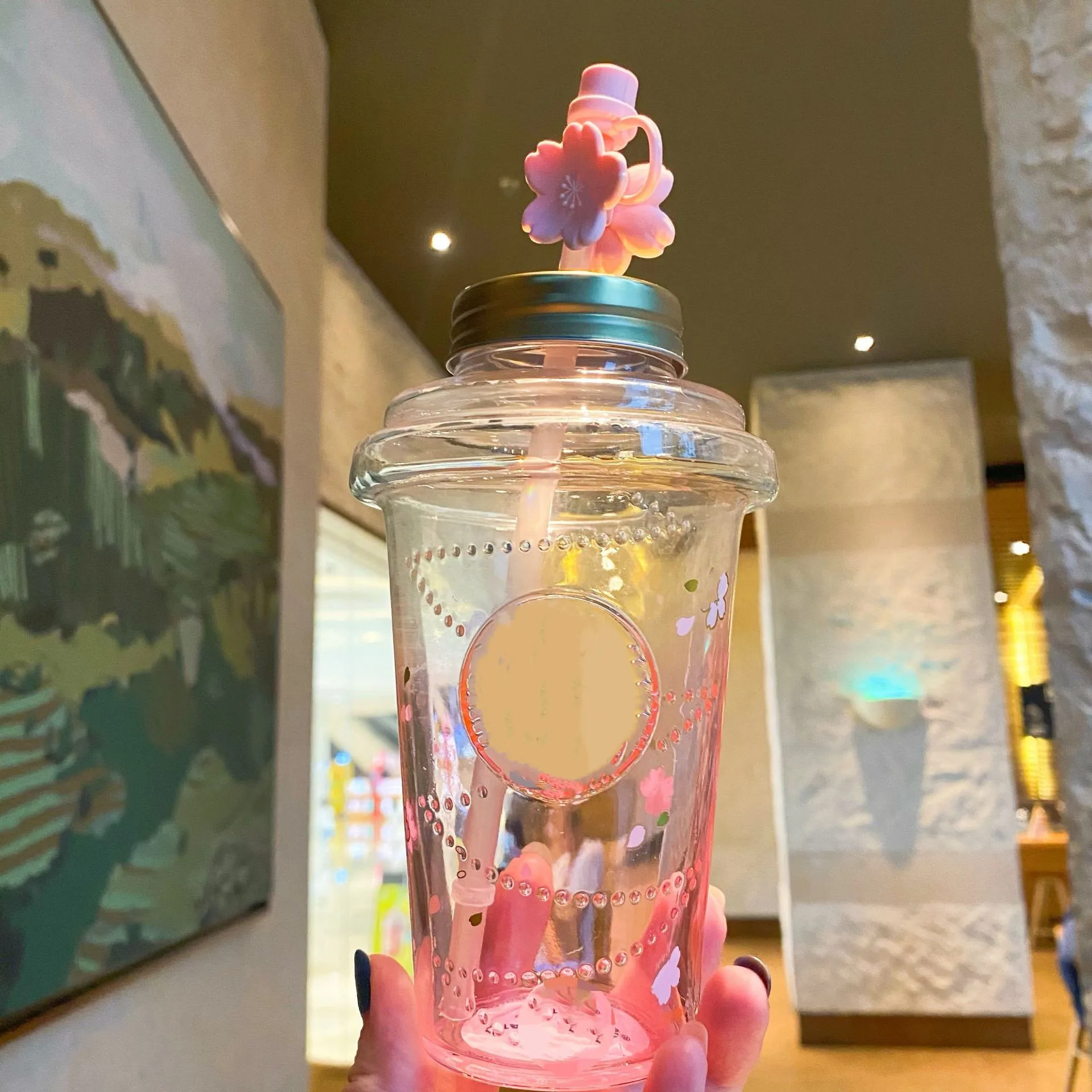 

Star Papa 473ml Sakura Gradient Glass Straw Cup Pink Sakura Straw Stopper Classic Cup