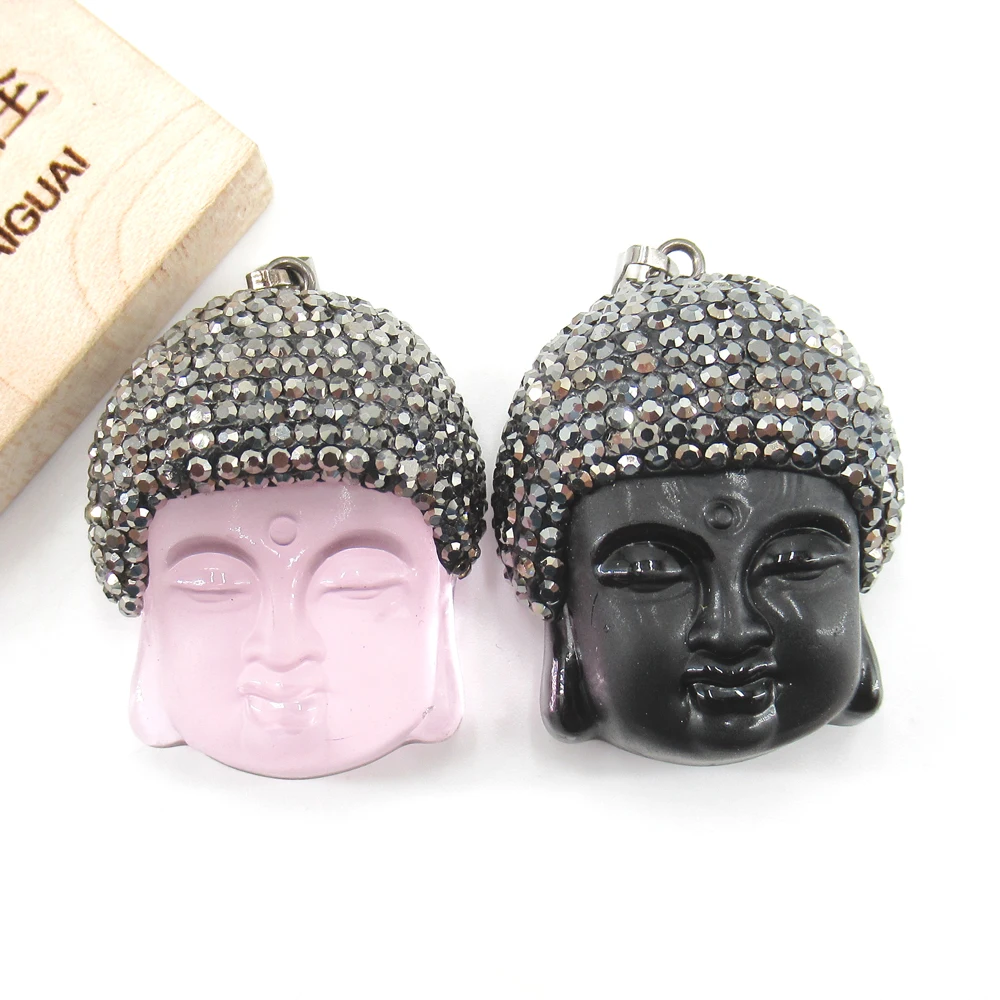 

APDGG 25x35mm Religious Natural Quartzs carving Buddha Head Black Rhinestone Pave Charms necklace pendant Jewelry DIY