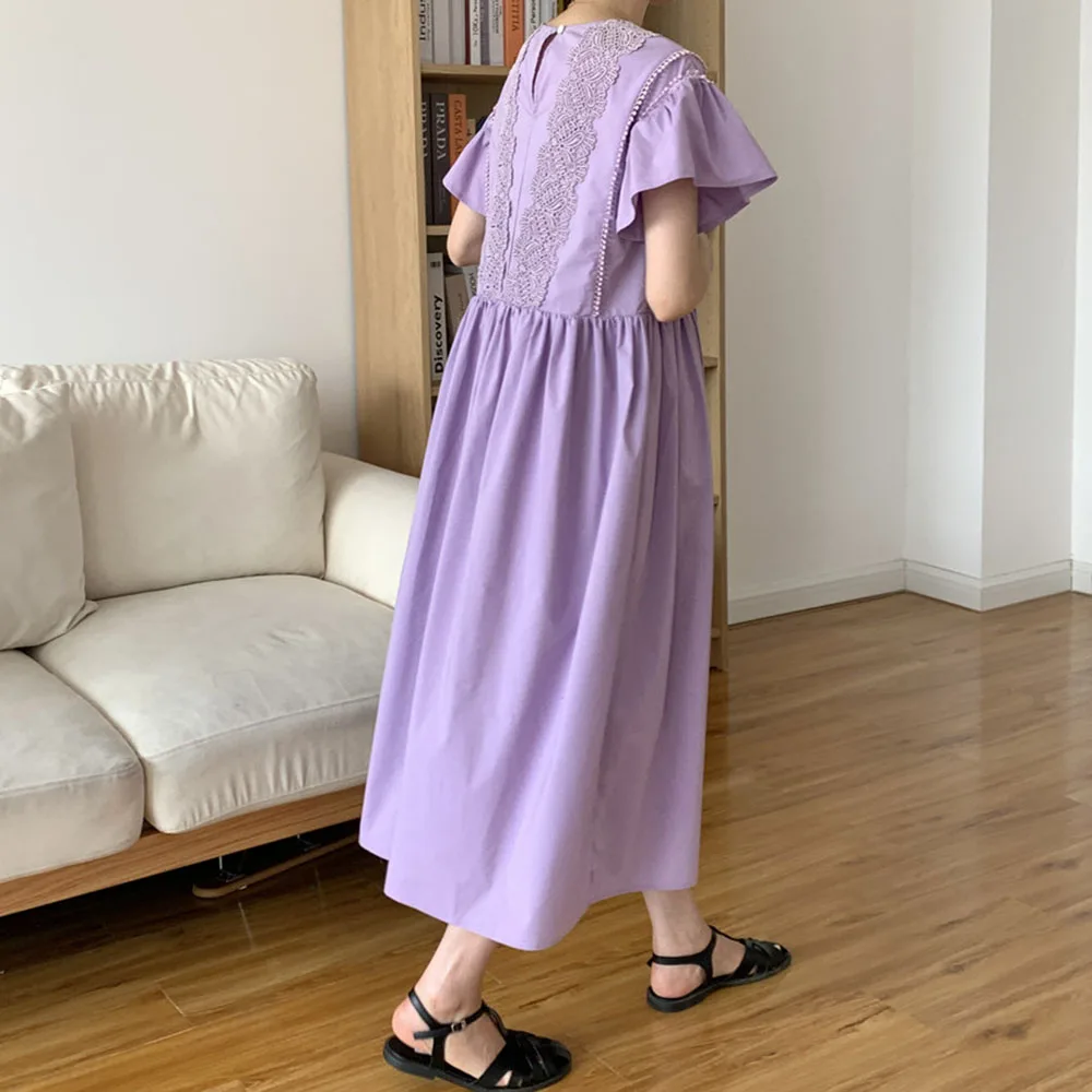 

2021 Summer New Retro Lace Stitching Puff Sleeve Loose Women's Dress Solid Color Casual Temperament Round Neck Hot Sale