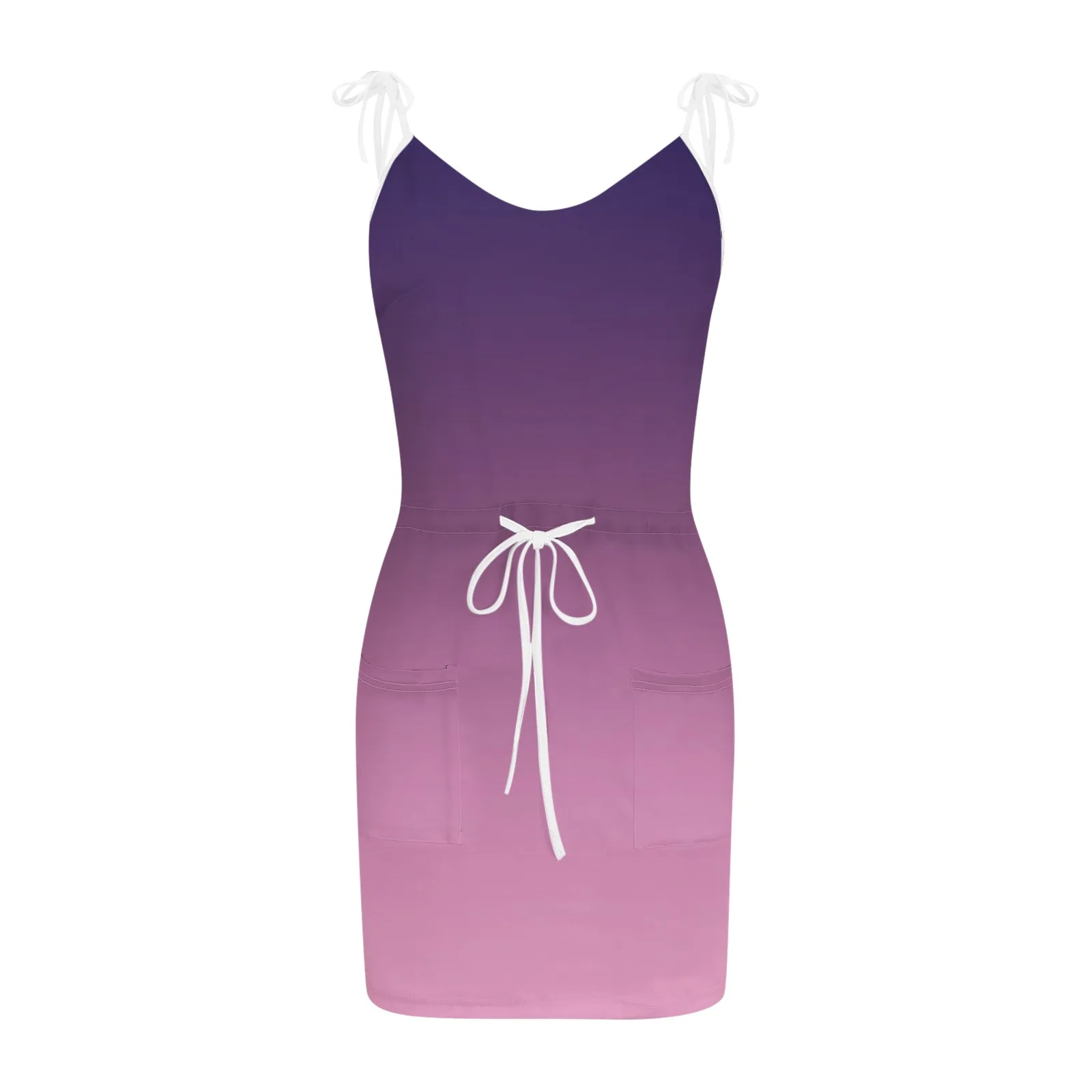 

Women's Dress Gradient Print V-neck Drawstring Pocket Sling Dress Women Casual Summer Sleeveless Dresses Beach Sundress vestidos