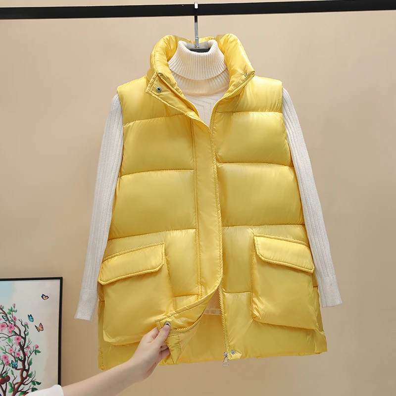 

NEEW Autumn Winter women Vest Solid Turn Down Collar two big pockets sleeveless Thick Warm padded Vest Coat Casual Female