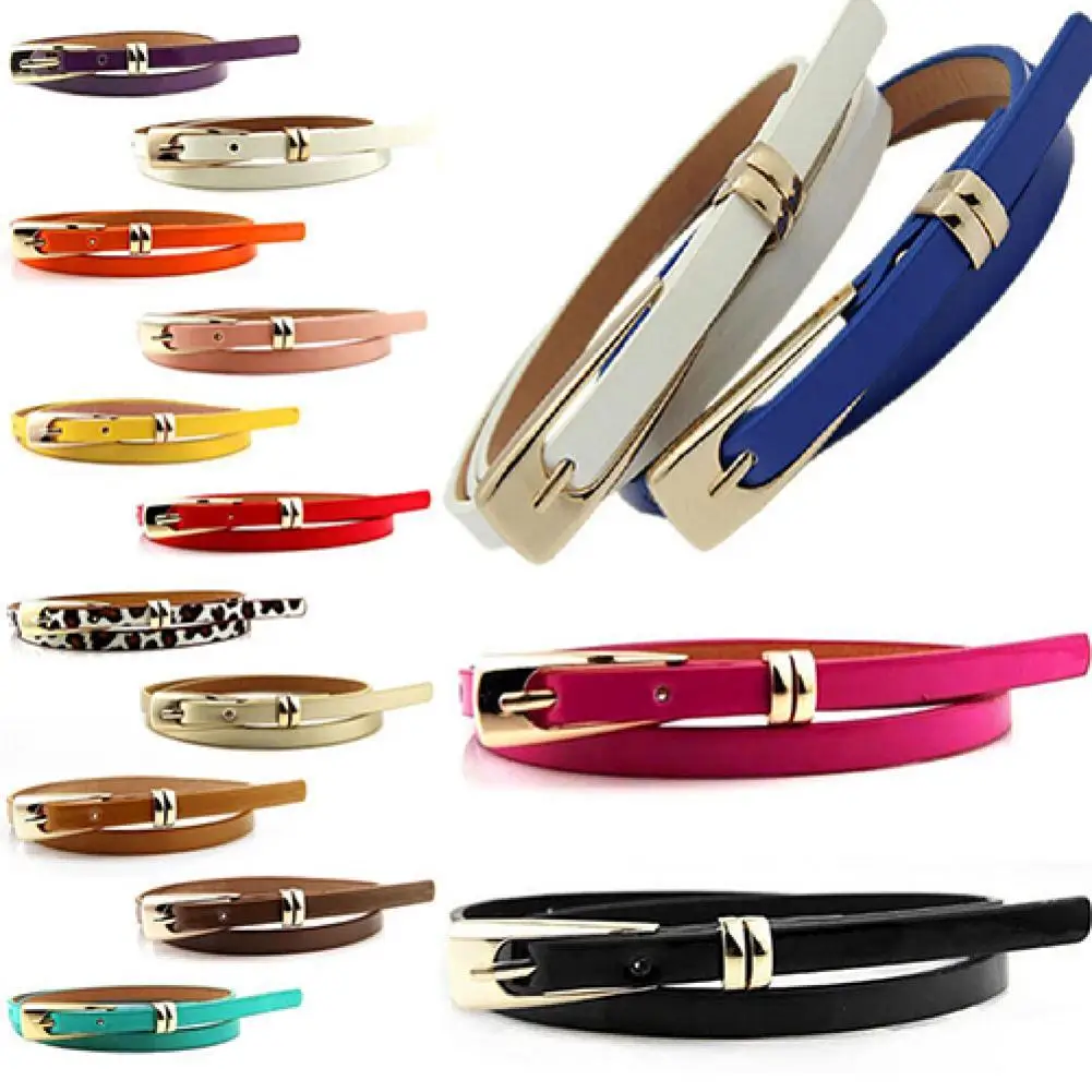 

Women's Fashion Candy Color Faux Leather Buckle Skinny Belt Thin Waistband Grommet Waist Belt