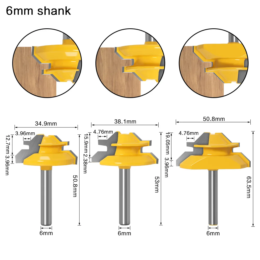 

6mm Shank 45-Degree Lock Miter Router Bits Set 3-Different-Size Diameter-34.9&38.1&50.8mm Glue Joint Milling Cutters Kit