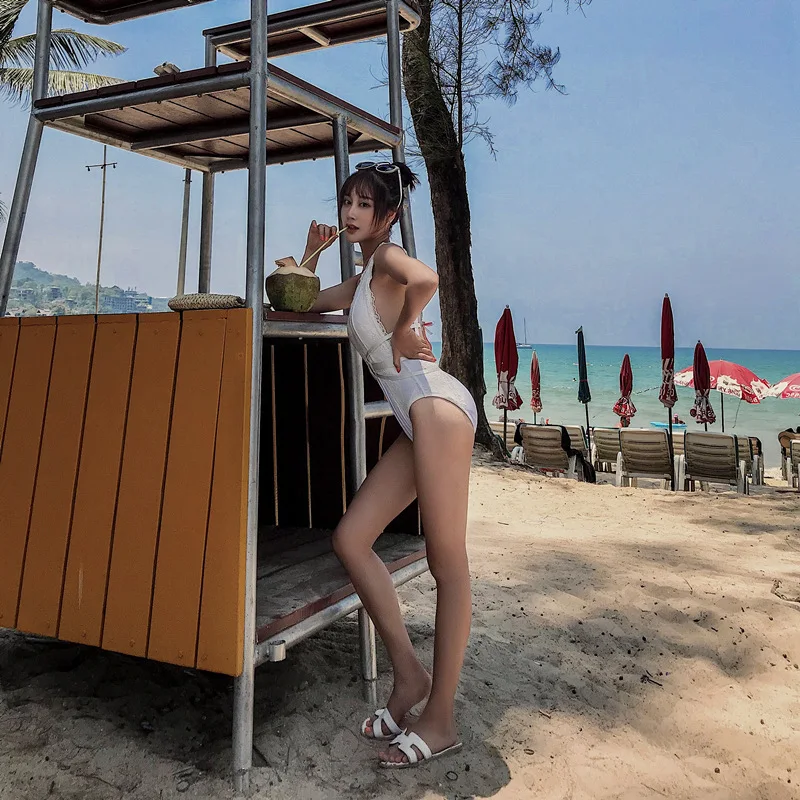 

Bikinis Female 2019 Woman Swimsuit Ladies Swimsuits Trikinis Swimwear Shiny Women Swimming White Sexy Big Back Lace Korean Solid