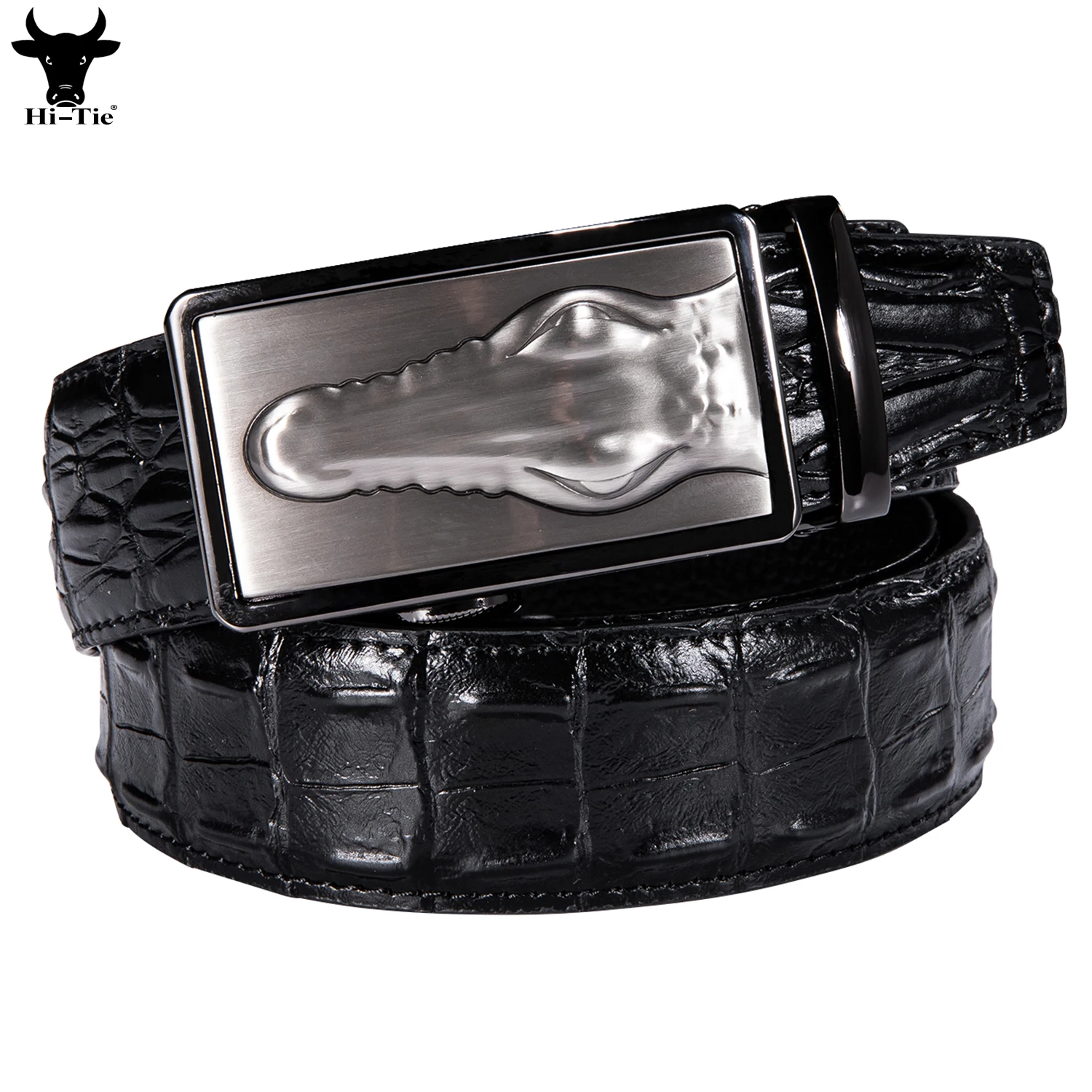 Designer Black Crocodile Pattern Leather Mens Belts Automatic Buckles Ratchet Vintage Waistband Belt for Men Jeans Dress Cowboy