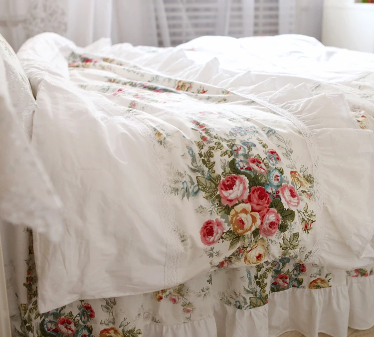 

Customized size Chic Shabby Floral White Princess Ruffles Duvet Cover Bedskirt set Girls 100%Cotton Soft Bedding sets 4/8/9Pcs
