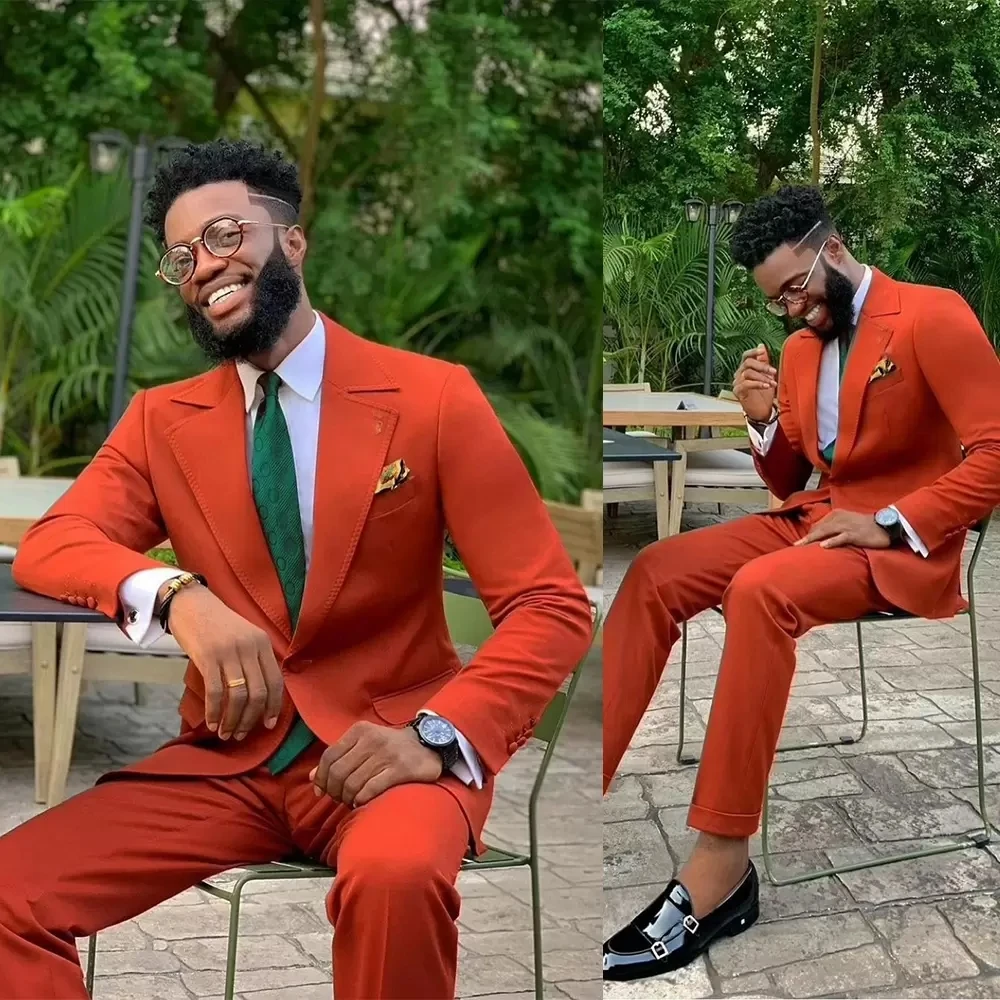 

Handsome High Quality Orange Men Wedding Tuxedos 2 Pieces Groom Pants Suits Party Prom Jacket Blazer Clothes Business Wear Male