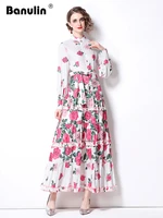 2022 designer french floral holiday dress runway women stand collar single breasted long lantern sleeve sashes lace up vestidos