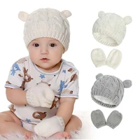 new baby hat winter warm hat gloves set knit hat for girls boys cute ear solid color newborn beanie cap fit 0 2 month kids