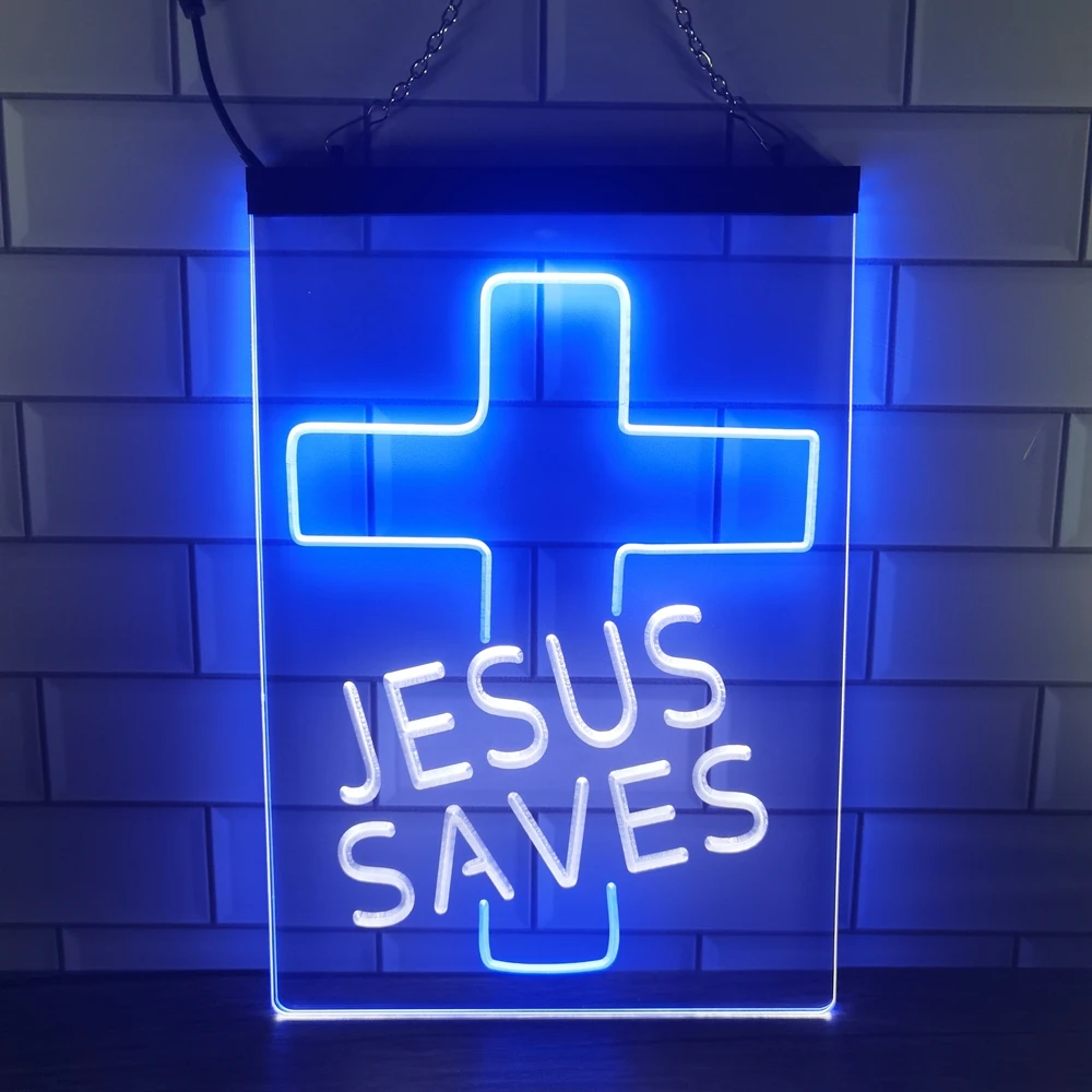 

1S028 Jesus Saves Cross Home Decoration Night Light Dual Color LED Neon Sign