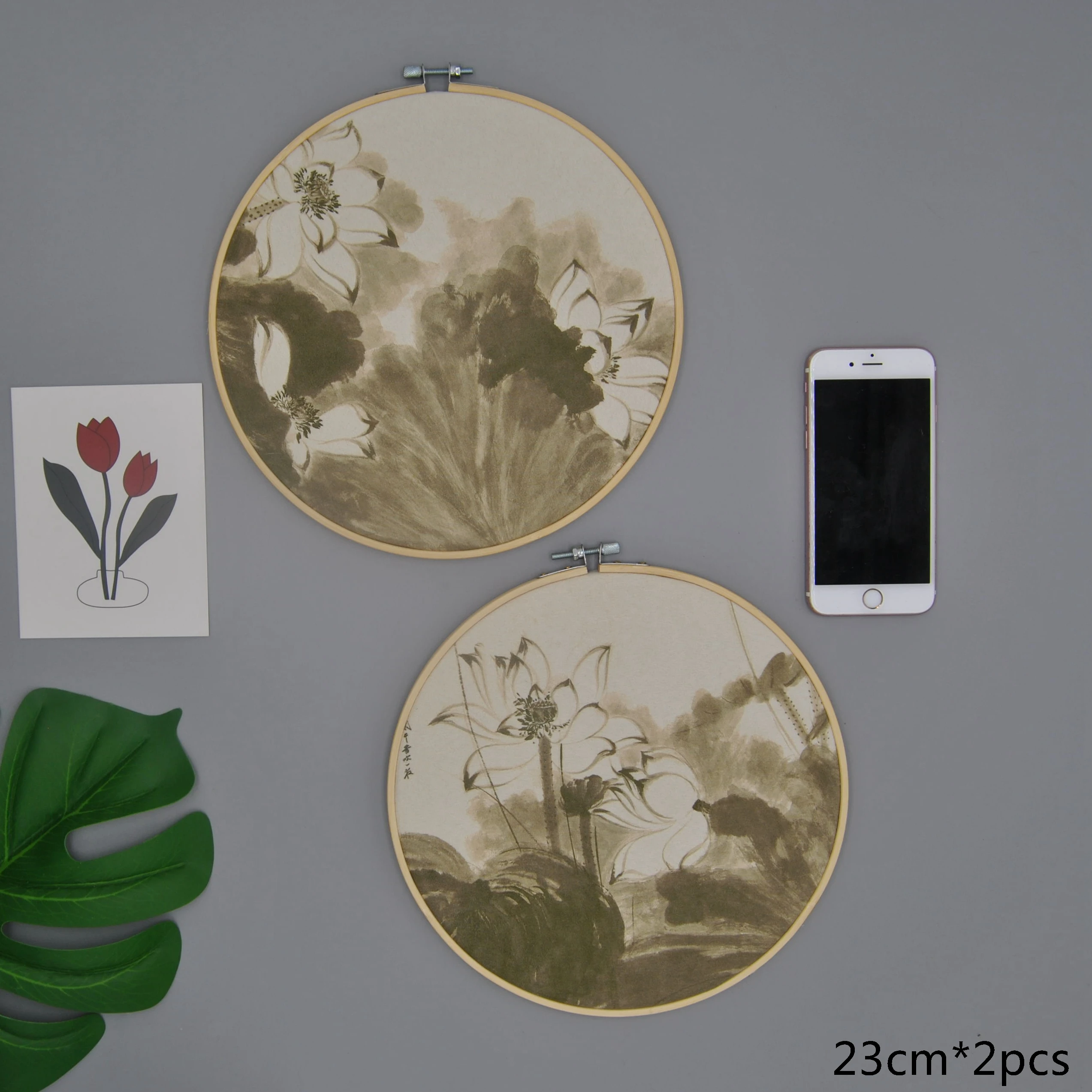 

(2pcs/set) original design Nature Bamboo round fabric wall decorations room décor lotus velet printing No.XT23-3