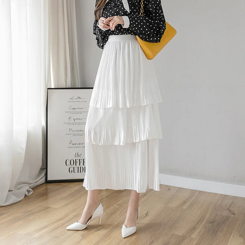 Fitaylor Summer Pleated Skirt Women Elastic Waist Ruffle Leaf Slim Elegant Pink Black Gary High Long | Женская одежда