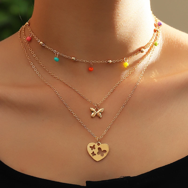 

New Fashion Gold Pendant Necklaces For Women Boho Heart Hollow Butterfly Colorful Beads Tassels Multi Layer Necklace Jewelry