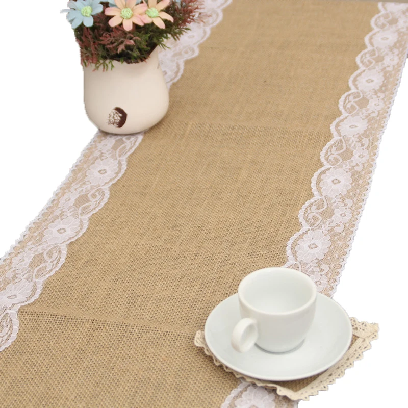 

275x30cm Home Textile Vintage Burlap Lace Table Runner Natural Jute Country Party Banquet Wedding Decoration Top Quality QXK1