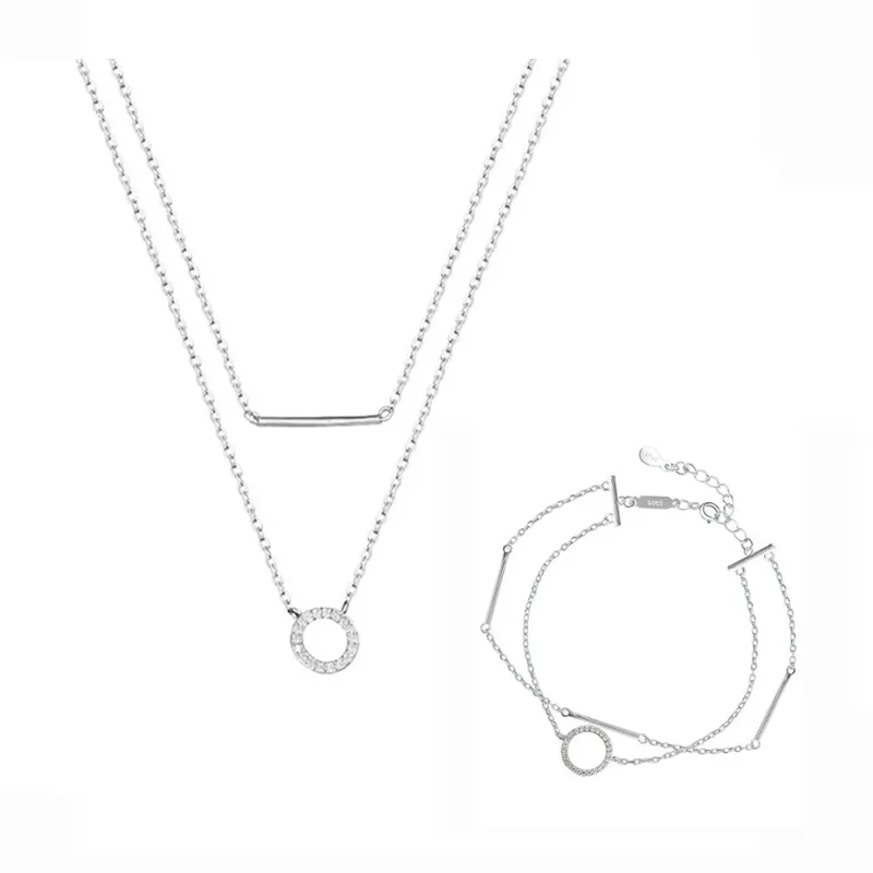 

925 Sterling Silver Double Layer Circle Charm Necklace Bracelet For Women Girls Fashion Jewelry Set Pendientes sl382