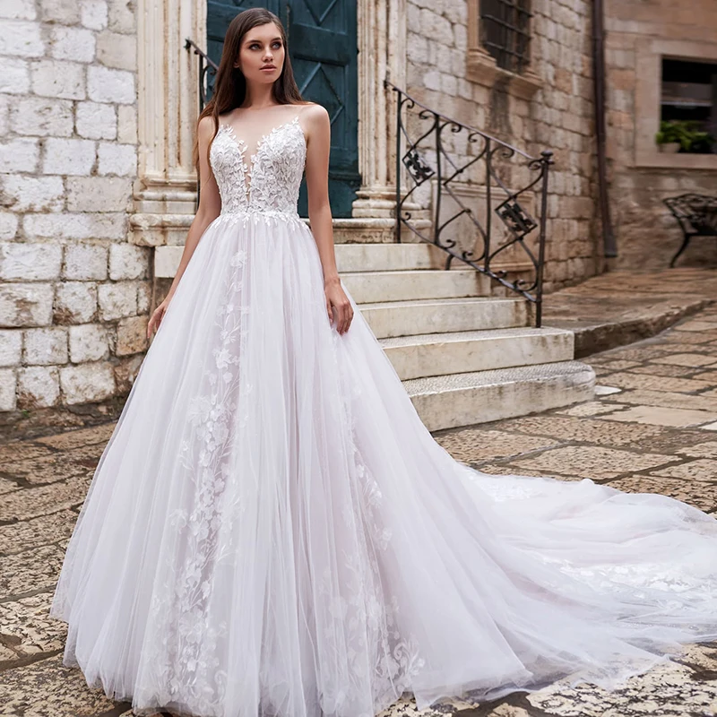 

Скромные Boho кружевное свадебное платье 2021 без рукавов, с аппликацией на пляже; Обувь под свадебное платье для невесты платье трапециевидной...