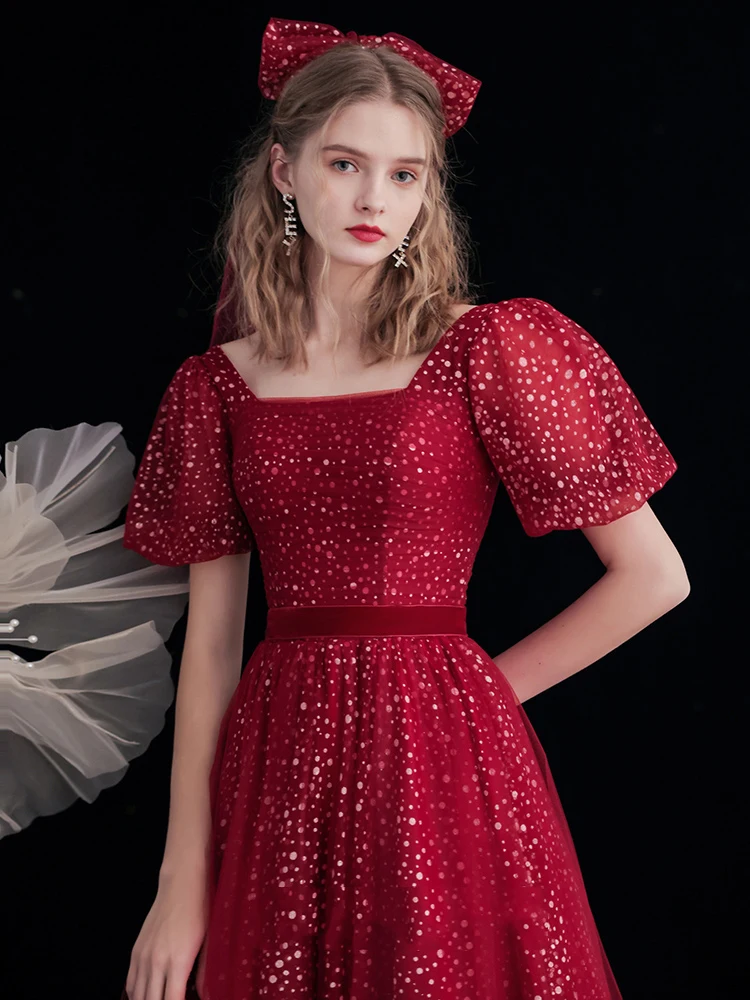 

French Style Retro Square Collar Female Banquet Dress Sweet Puff Sleeve Slim Wine Red Evening Dress For Engagement Partyarty