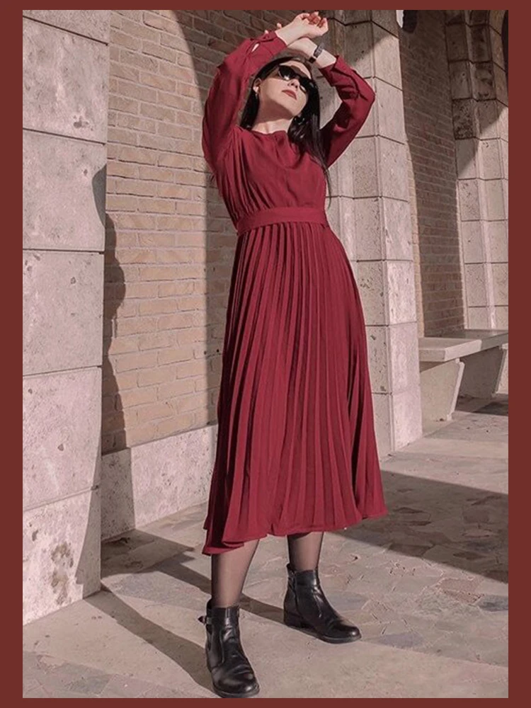 Sheinside, бордовое, с завязками, элегантное плиссированное платье, с длинным рукавом, женские платья, женские, вечерние, ночные,, для девушек, ТРАПЕЦИЕВИДНОЕ, одноцветное, длинное платье