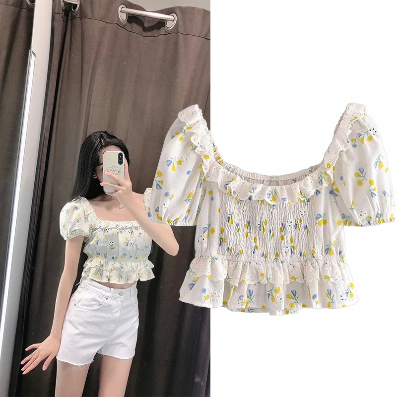 

WESAY JESI 2021 Summer Ladies Shirt Print Long Sleeve Puff Sleeve Square Collar Shirt Casual Fashion Retro Temperament Top