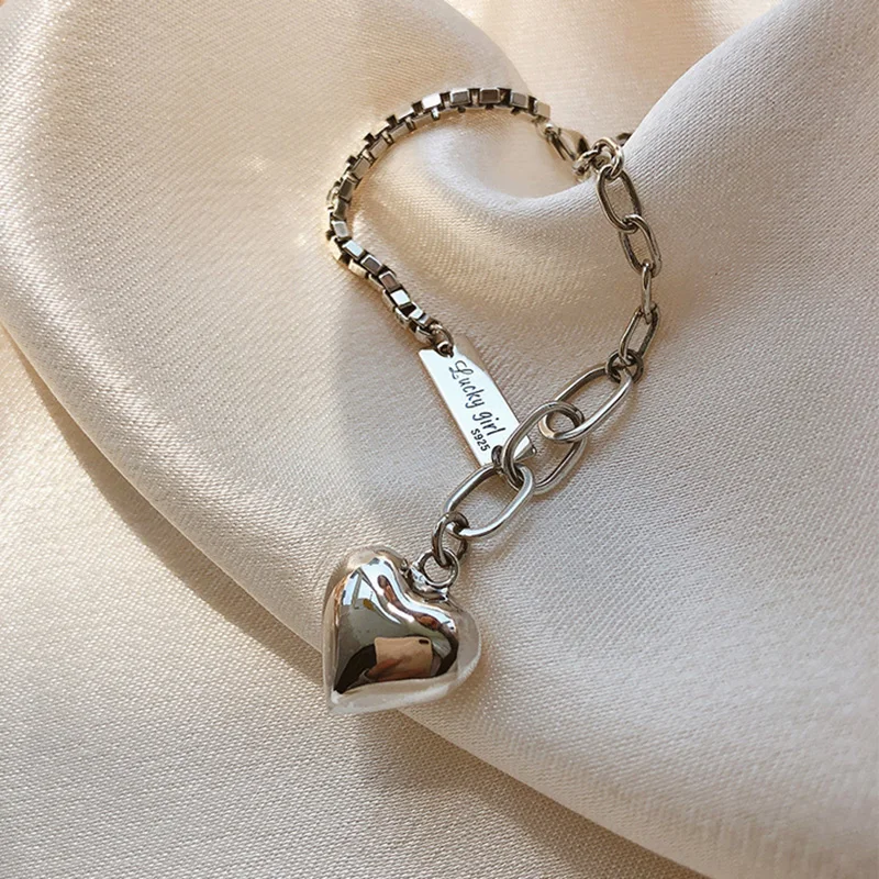 

Vintage Silver Color Love Heart Pendant Bracelet For Women Trendy Thai Silver English Letter Tag Party Jewelry Gifts