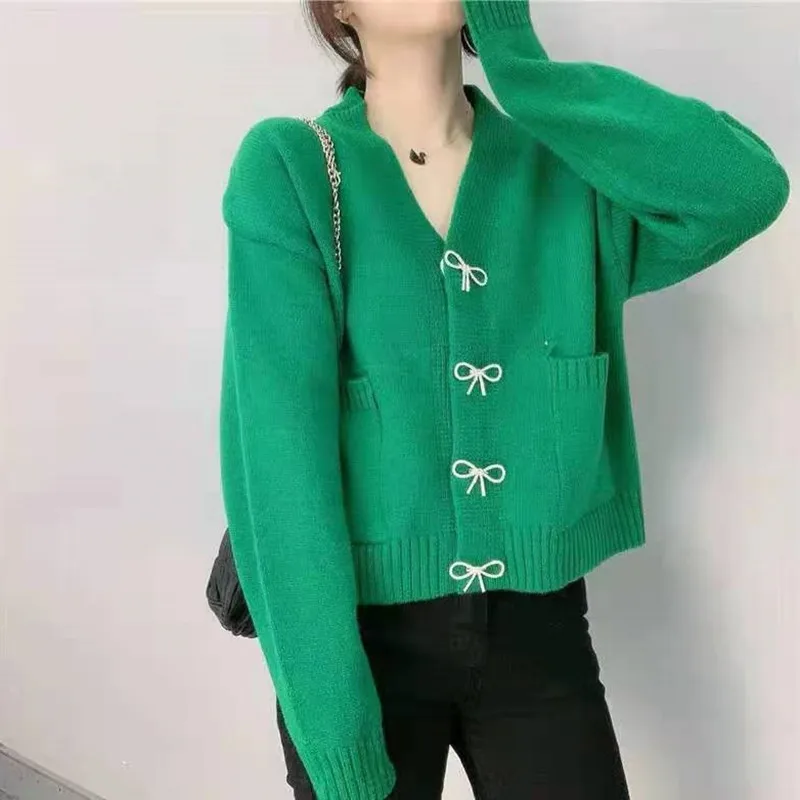 

Autumn Sweet Bow Loose V-neck Short Knitted Cardigan Women Wearout Long Sleeve Kint Women Sweater