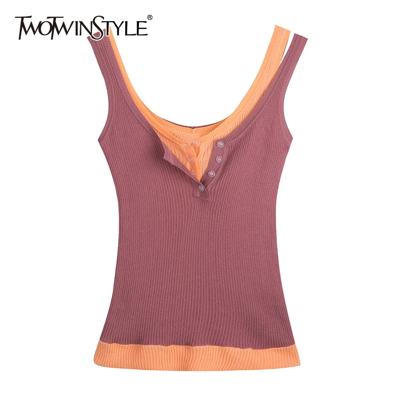 Женский трикотажный жилет TWOTWINSTYLE топ без рукавов с v-образным вырезом весна 2020 |