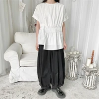 summer womens new round neck solid color short sleeve asymmetric deconstruction of loose short sleeve shirt trend