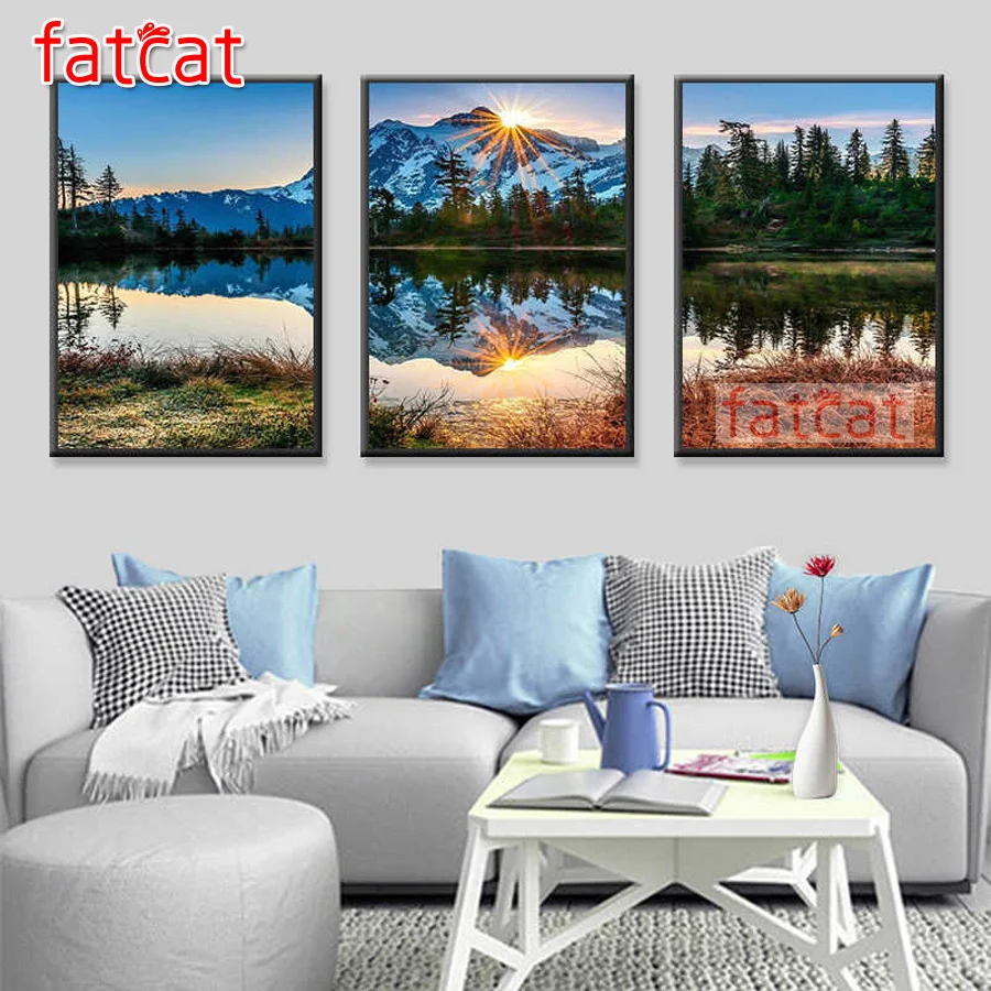 

Алмазная 5d картина FATCAT с изображением гор и озера, полноразмерная мозаика с квадратными и круглыми стразами, Триптих для вышивки, домашний д...