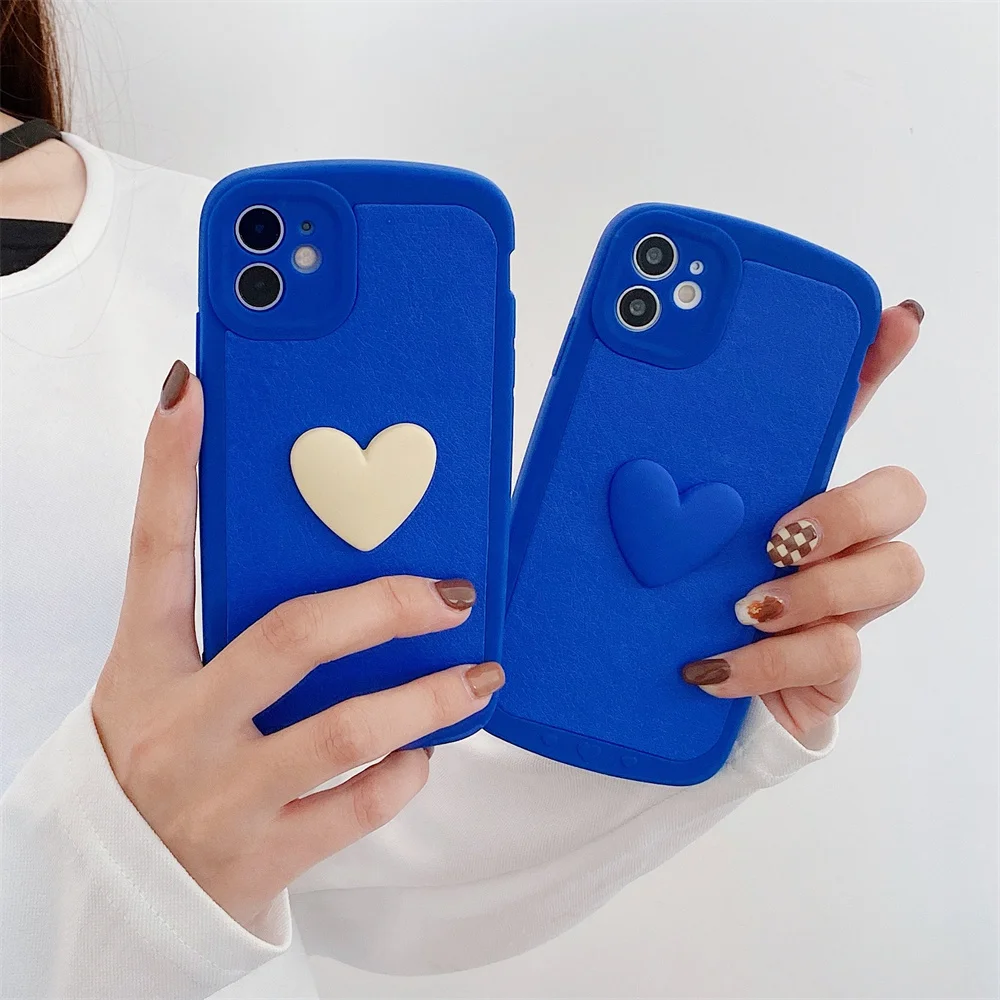 

INS Fashion Blue 3D Love Heart Phone Case For iPhone 13 Pro 12 11 Pro Max XS X XR 7 8 Plus Lens Protection Shockproof Soft Cover