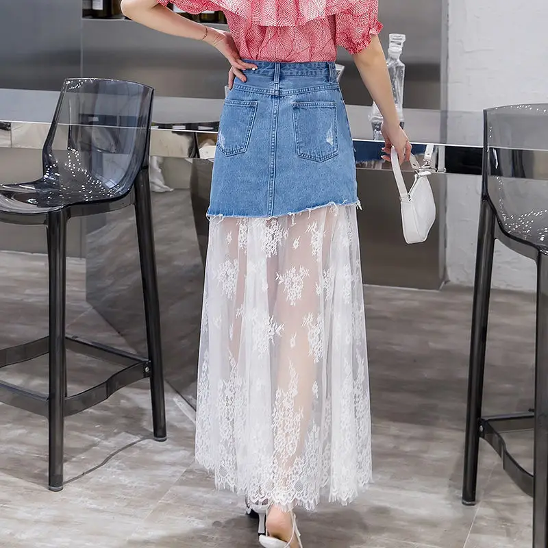 

Sexy Lace Gauze Patchwork Denim Skirt Female Fashion Casual High Waist Ripped Package Hip Skirts Streetwear Women Clothing T162