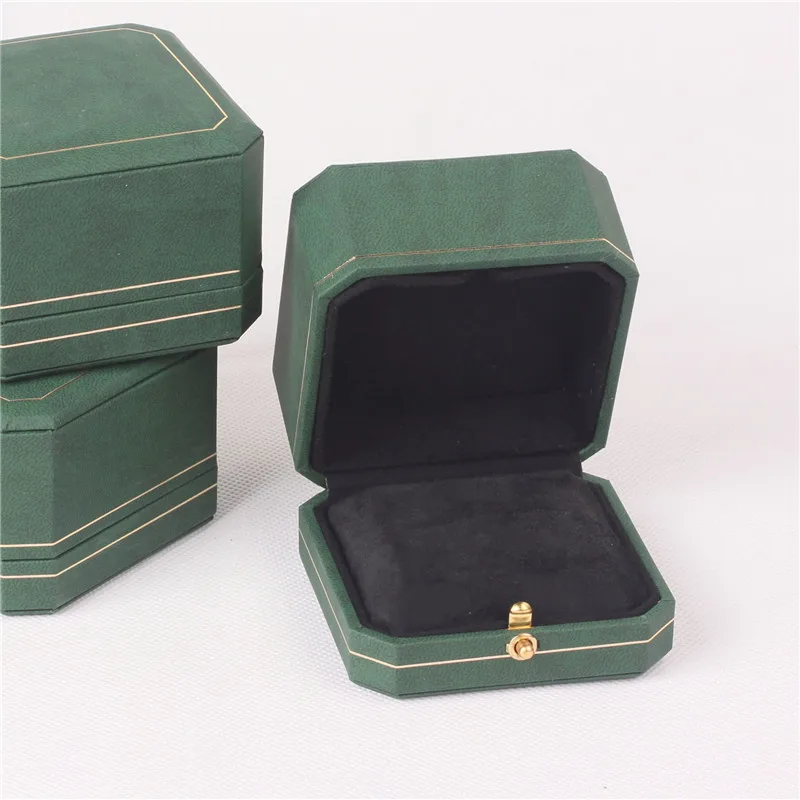 

Boutique Green color octagonal jewelry packing Boxes with Golden sideline Ring cases with spring Buckle Pendant casket