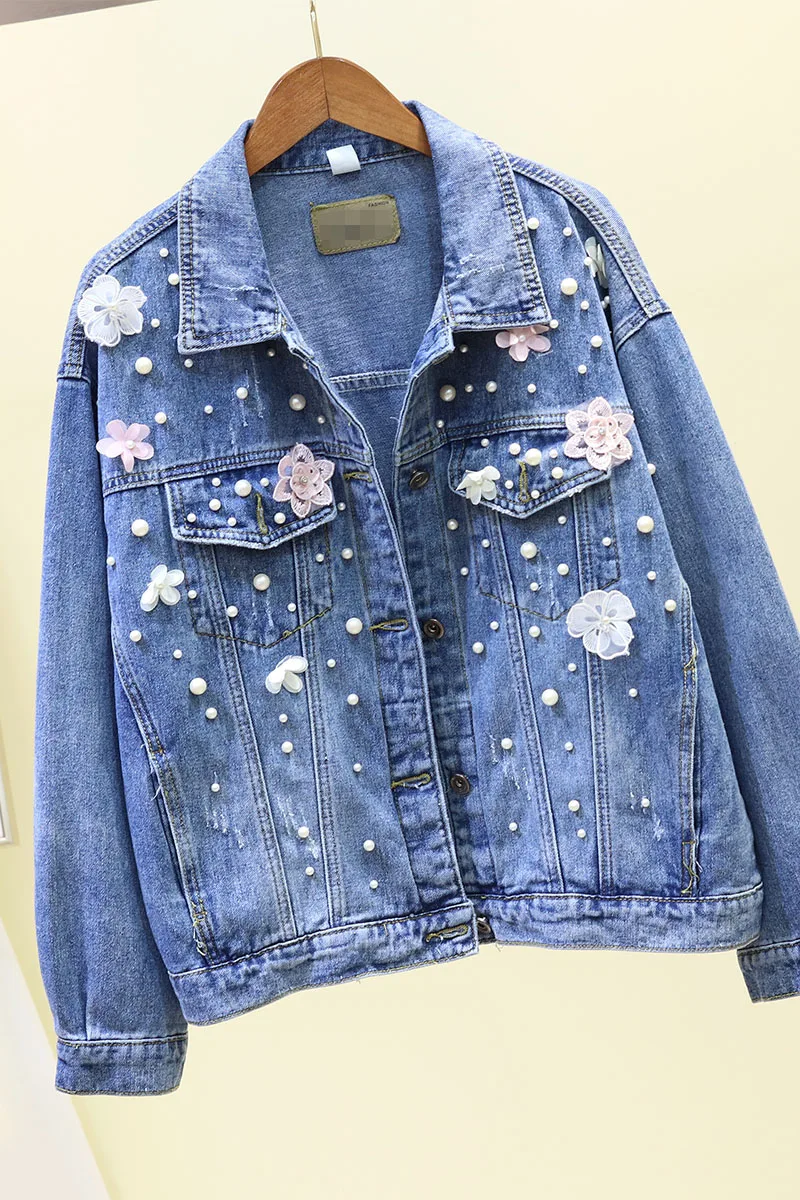

Autumn new style Korean loose heavy industry beaded flower denim short jacket female fashion long-sleeved jacket top