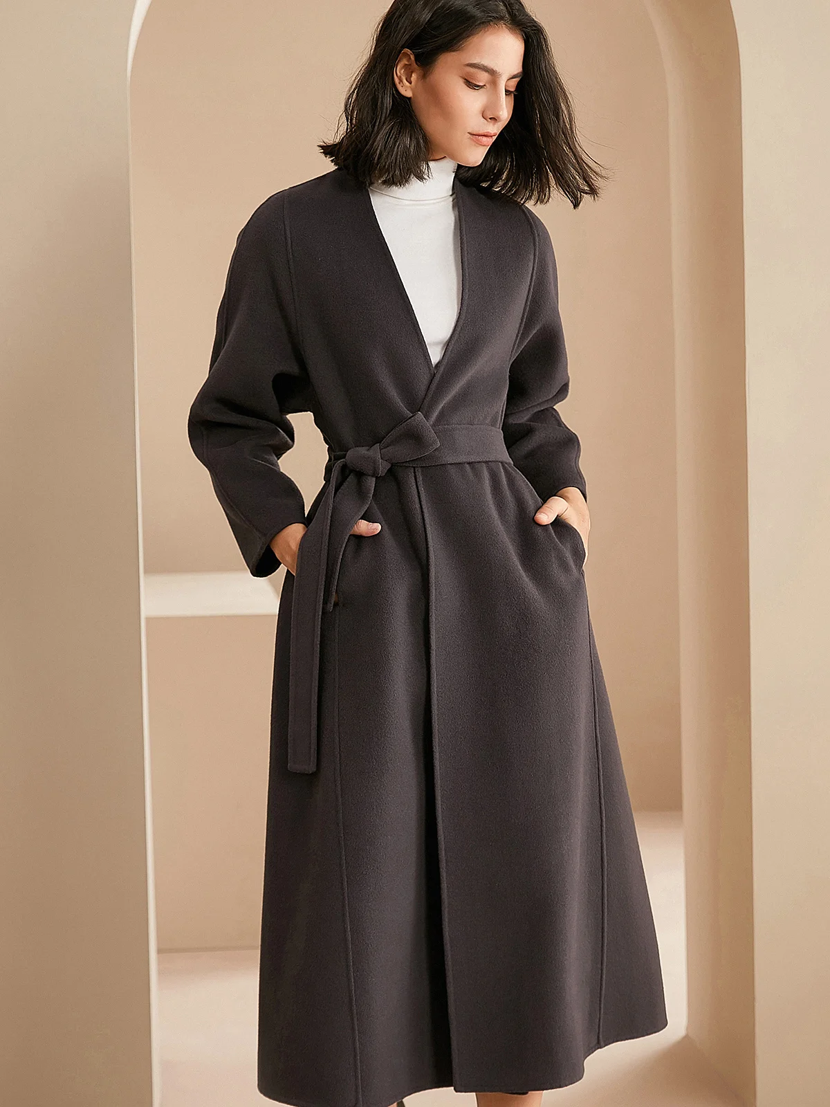 

Shzq высококачественное двустороннее кашемировое пальто женское пальто 20 осень и зима новое длинное тонкое шерстяное пальто на шнуровке с V-о...