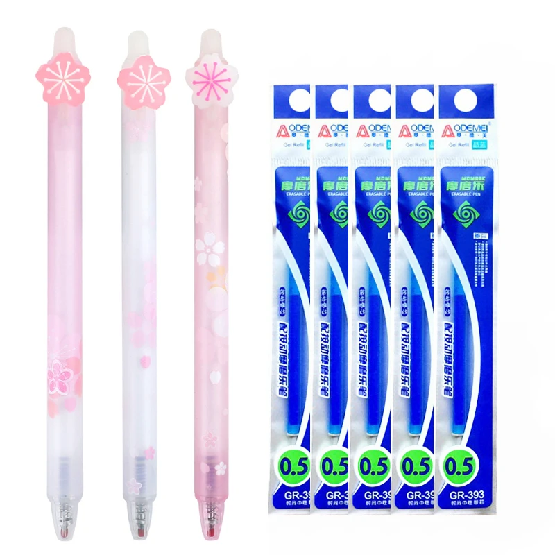 

8Pcs/set Kawaii Cherry Sakura Erasable Gel pen Press 0.5mm Blue ink Erasable Pen Refill Rod Washable Handle for School Supplies