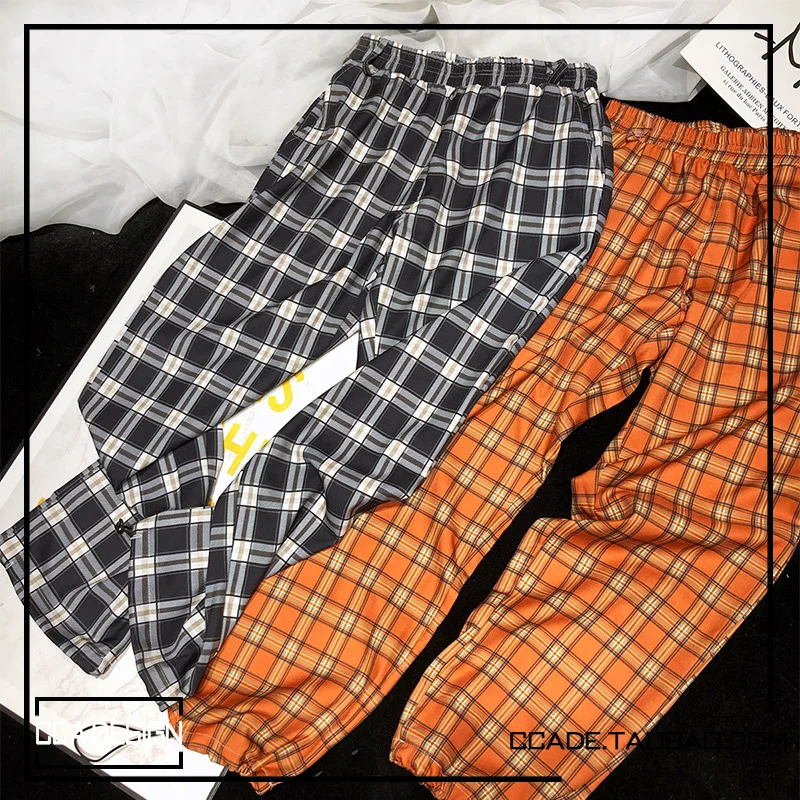

CCA Homemade Lisa Style Retro Color Matching Plaid Drawstring Ankle-Tied Wide-Leg Pants High Street Two-Way Plaid Casual Pants