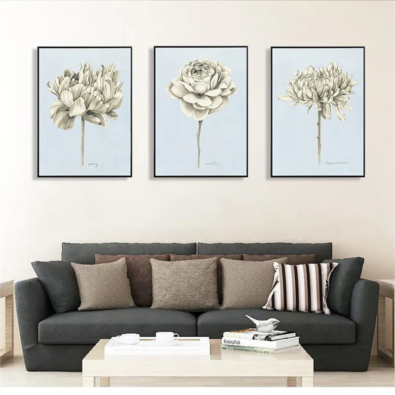 

European and American Abstract Classic Flower Home Living Room Decorative Painting silver white color Canvas printing flower