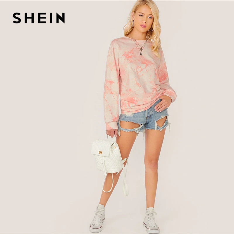 SHEIN Пастельная розовая толстовка с открытыми плечами и галстуком-красителем топы, пуловер для женщин, осенние базовые Женские повседневные толстовки с длинными рукавами