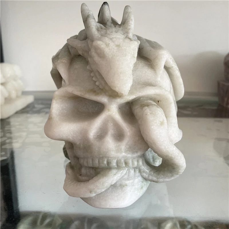 

15CM Natural Jade Crystal Stone Hand Made Ghost Head Dragon Skull Stone for Chakra Home Decor