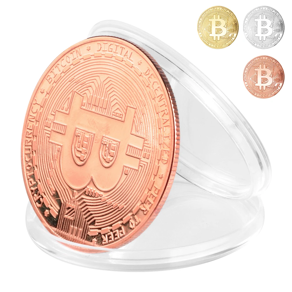Биткоин физический коллекционный BTC Розовое Золото Посеребренная монета