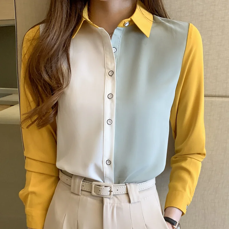 

Chikichi 2021 Spring and Autumn New Korean Fashion Lapel Stitching Contrast Color Chiffon Ladies Long-sleeved Loose Button Shirt